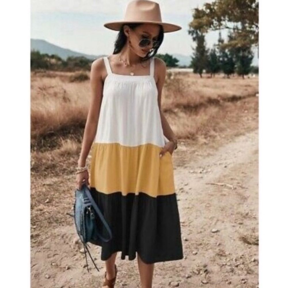 Anthropologie Maeve Ashleigh Colorblock Tiered Midi Dress Cotton M - Picture 11 of 11